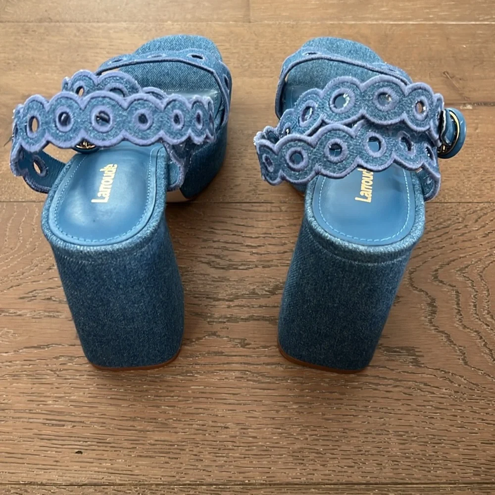 NEW Larroude Dolly Broderie Platform Sandal Blue Stoned Denim NWB - Picture 5 of 10
